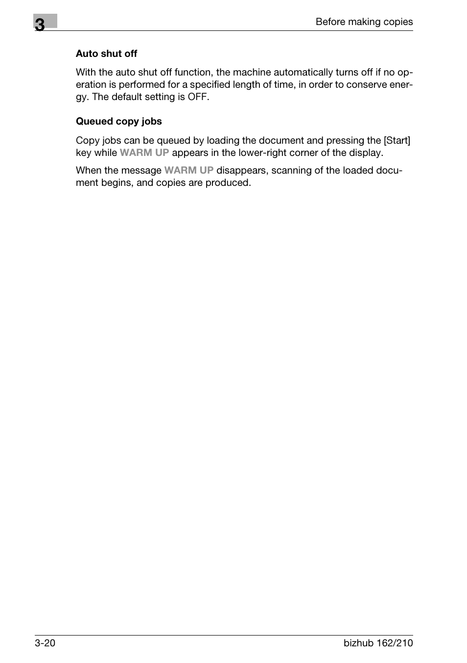 Auto shut off, Queued copy jobs, Auto shut off -20 queued copy jobs -20 | P. 3-20) | Konica Minolta BIZHUB 210 User Manual | Page 66 / 256