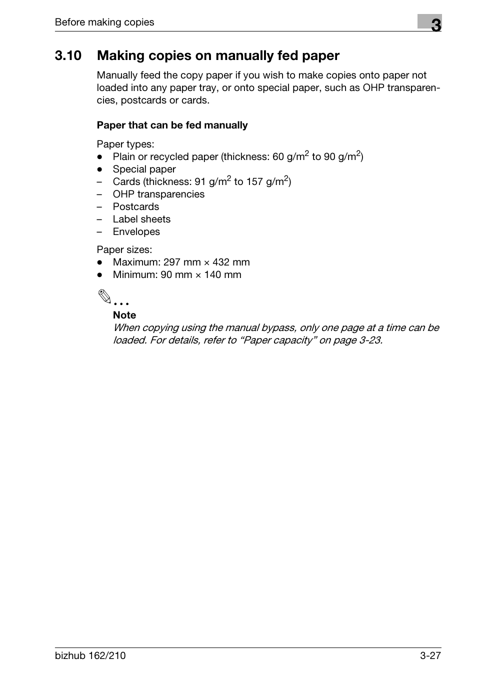 10 making copies on manually fed paper, Paper that can be fed manually, Making copies on manually fed paper -27 | Paper that can be fed manually -27 | Konica Minolta BIZHUB 210 User Manual | Page 73 / 256