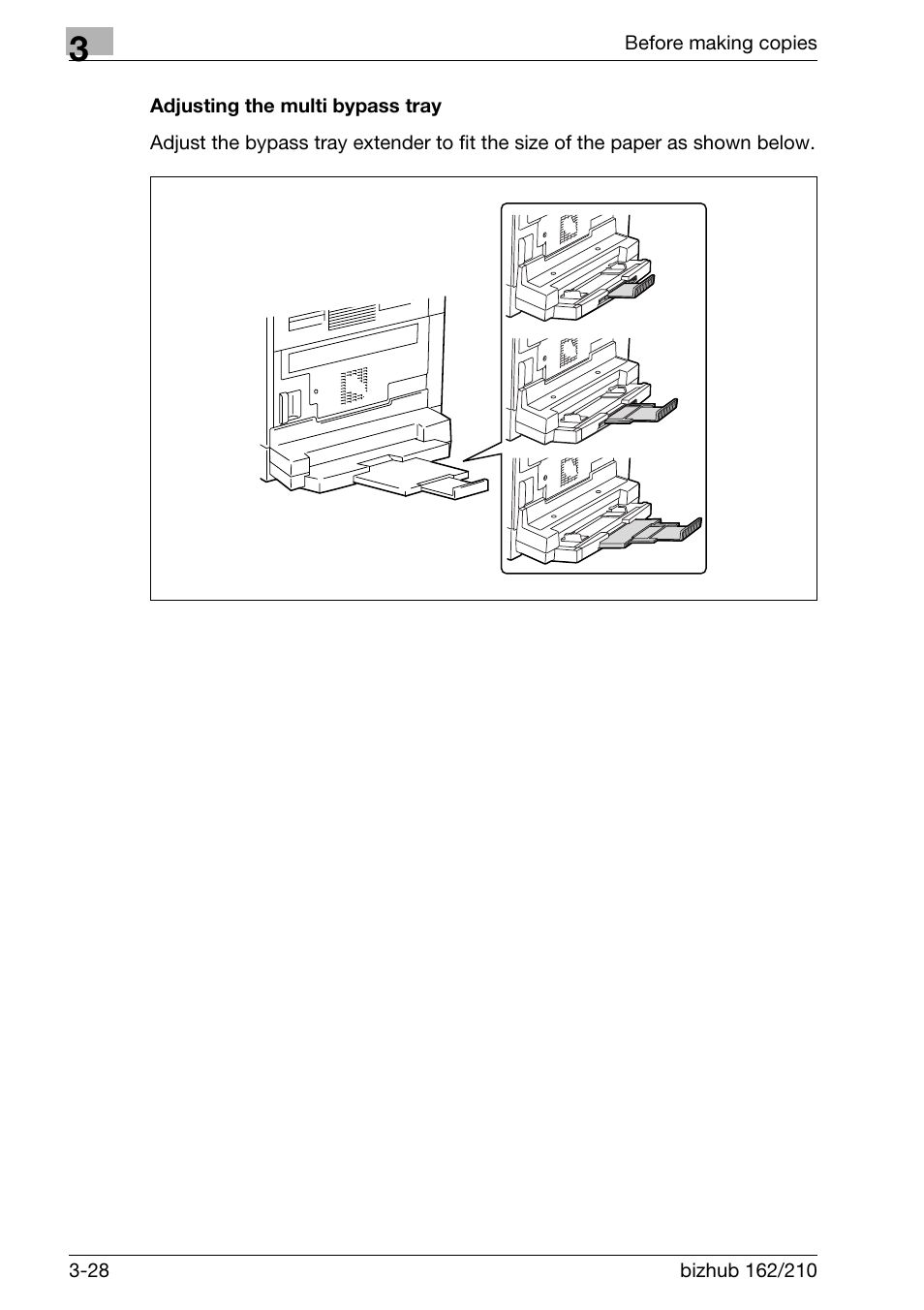 Adjusting the multi bypass tray, Adjusting the multi bypass tray -28 | Konica Minolta BIZHUB 210 User Manual | Page 74 / 256