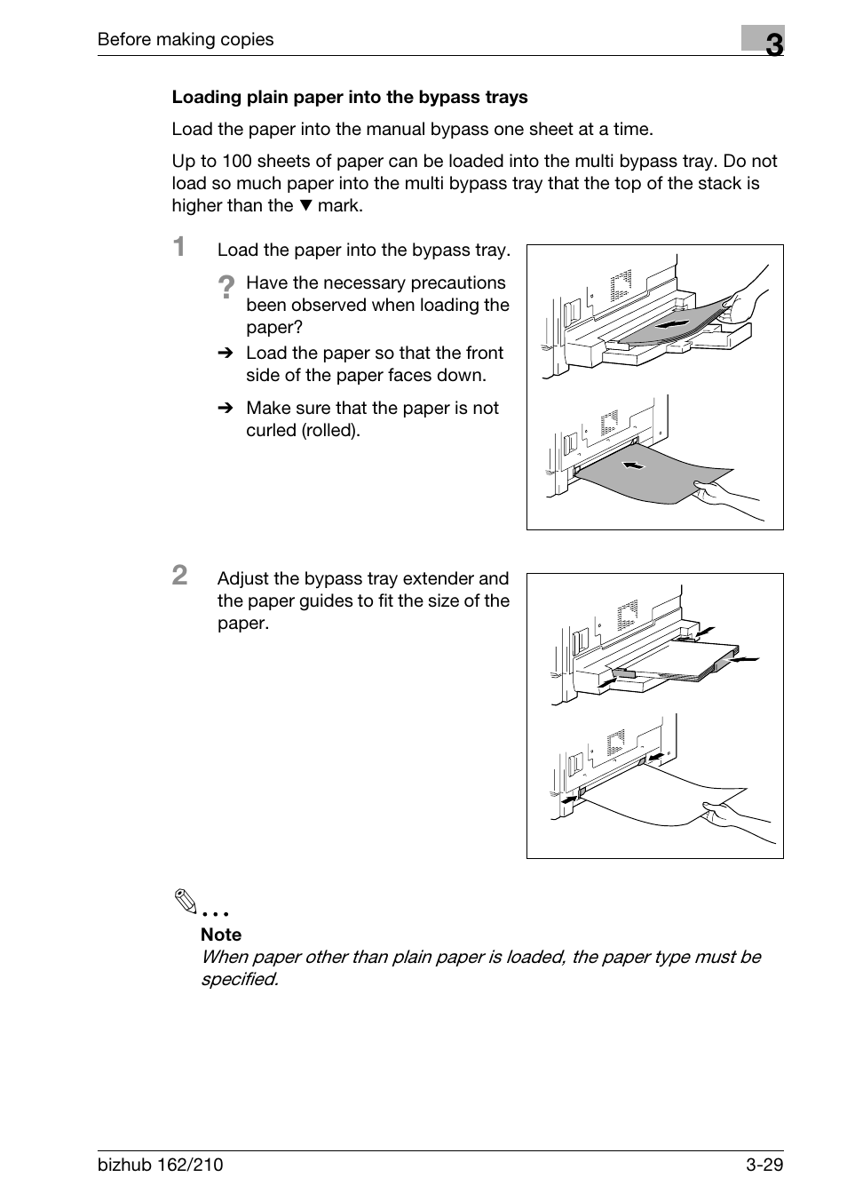 Loading plain paper into the bypass trays, Loading plain paper into the bypass trays -29 | Konica Minolta BIZHUB 210 User Manual | Page 75 / 256