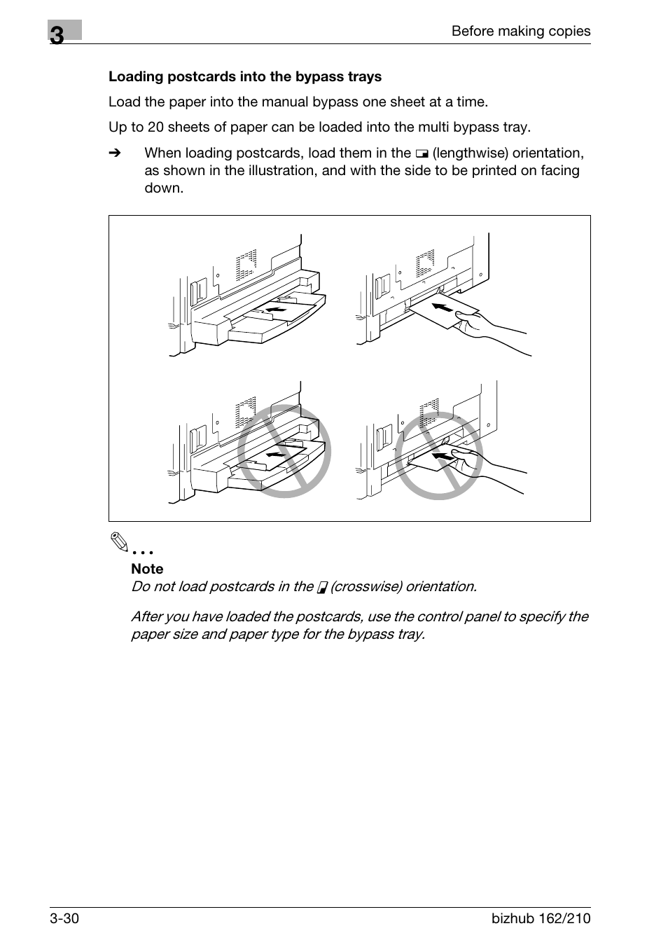 Loading postcards into the bypass trays, Loading postcards into the bypass trays -30 | Konica Minolta BIZHUB 210 User Manual | Page 76 / 256