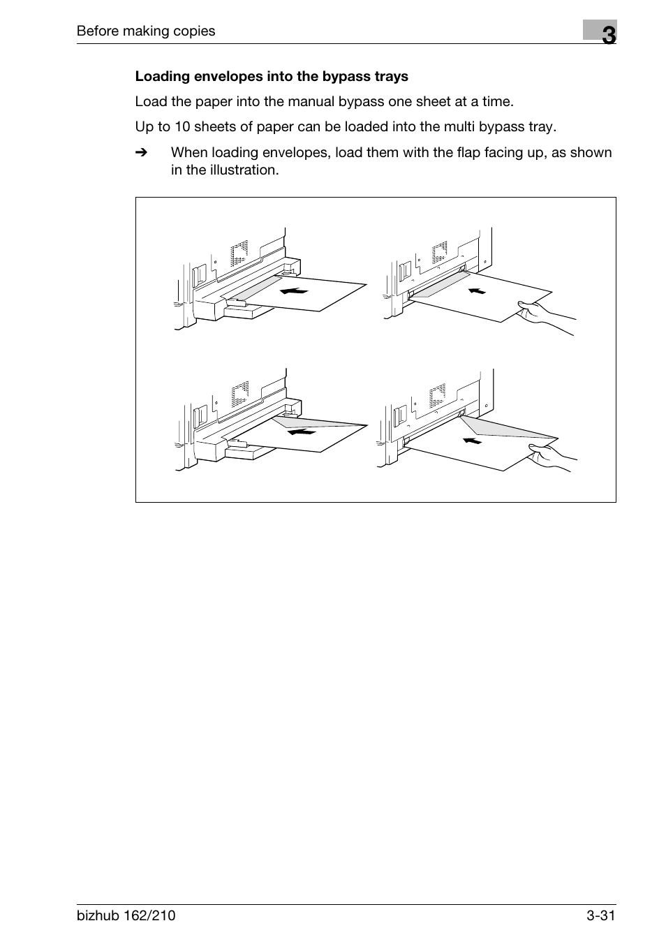 Loading envelopes into the bypass trays, Loading envelopes into the bypass trays -31 | Konica Minolta BIZHUB 210 User Manual | Page 77 / 256