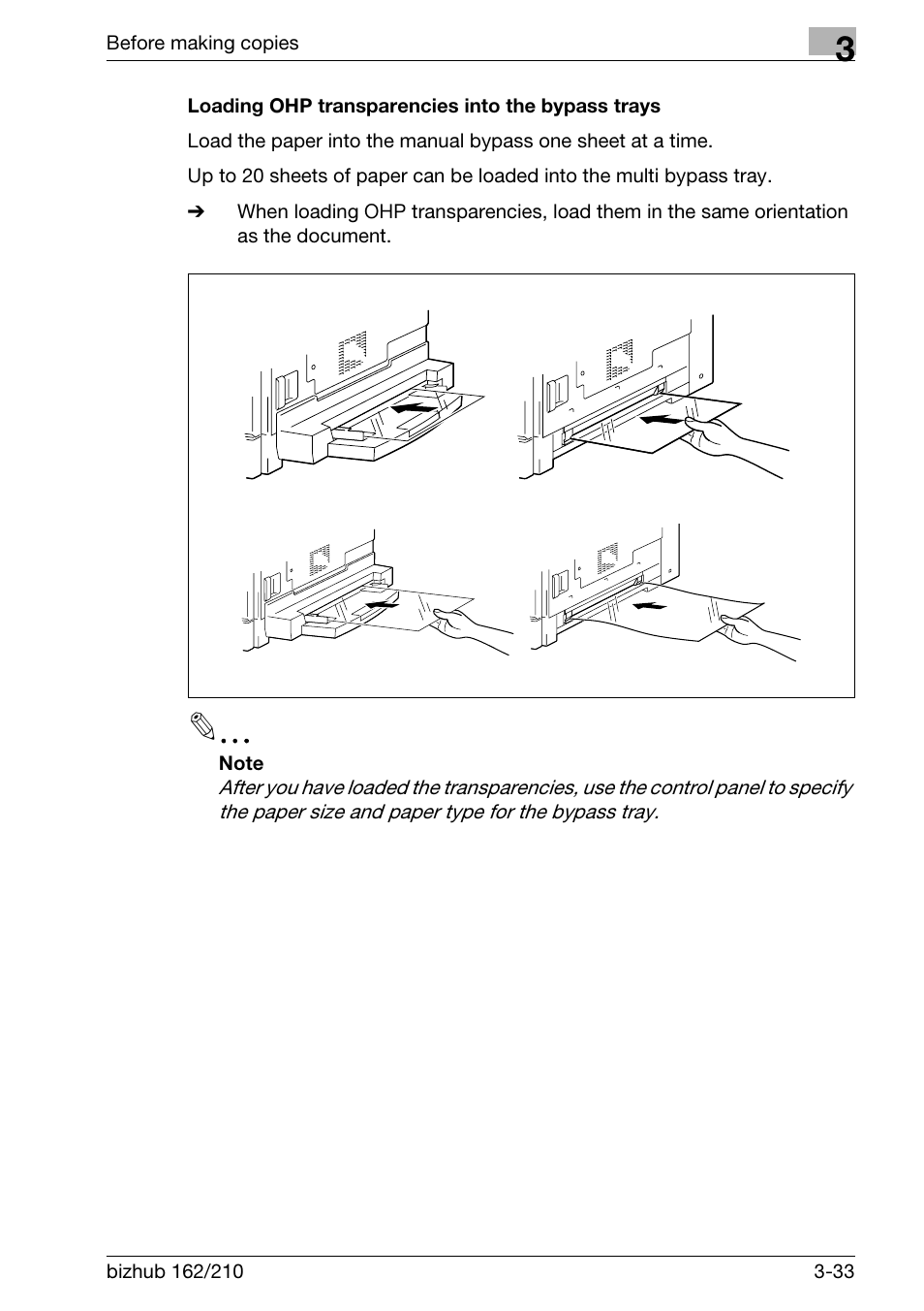 Loading ohp transparencies into the bypass trays | Konica Minolta BIZHUB 210 User Manual | Page 79 / 256