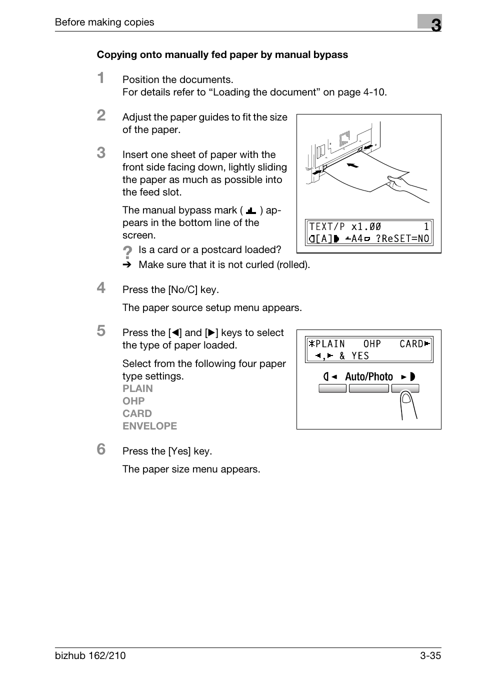 Copying onto manually fed paper by manual bypass | Konica Minolta BIZHUB 210 User Manual | Page 81 / 256