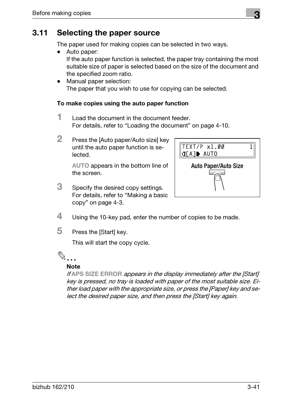 11 selecting the paper source, To make copies using the auto paper function, Selecting the paper source -41 | To make copies using the auto paper function -41 | Konica Minolta BIZHUB 210 User Manual | Page 87 / 256