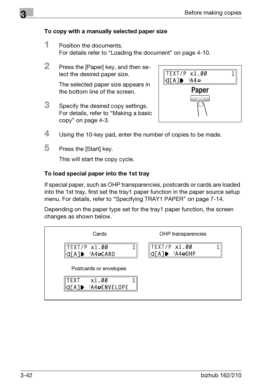 To copy with a manually selected paper size, To load special paper into the 1st tray | Konica Minolta BIZHUB 210 User Manual | Page 88 / 256
