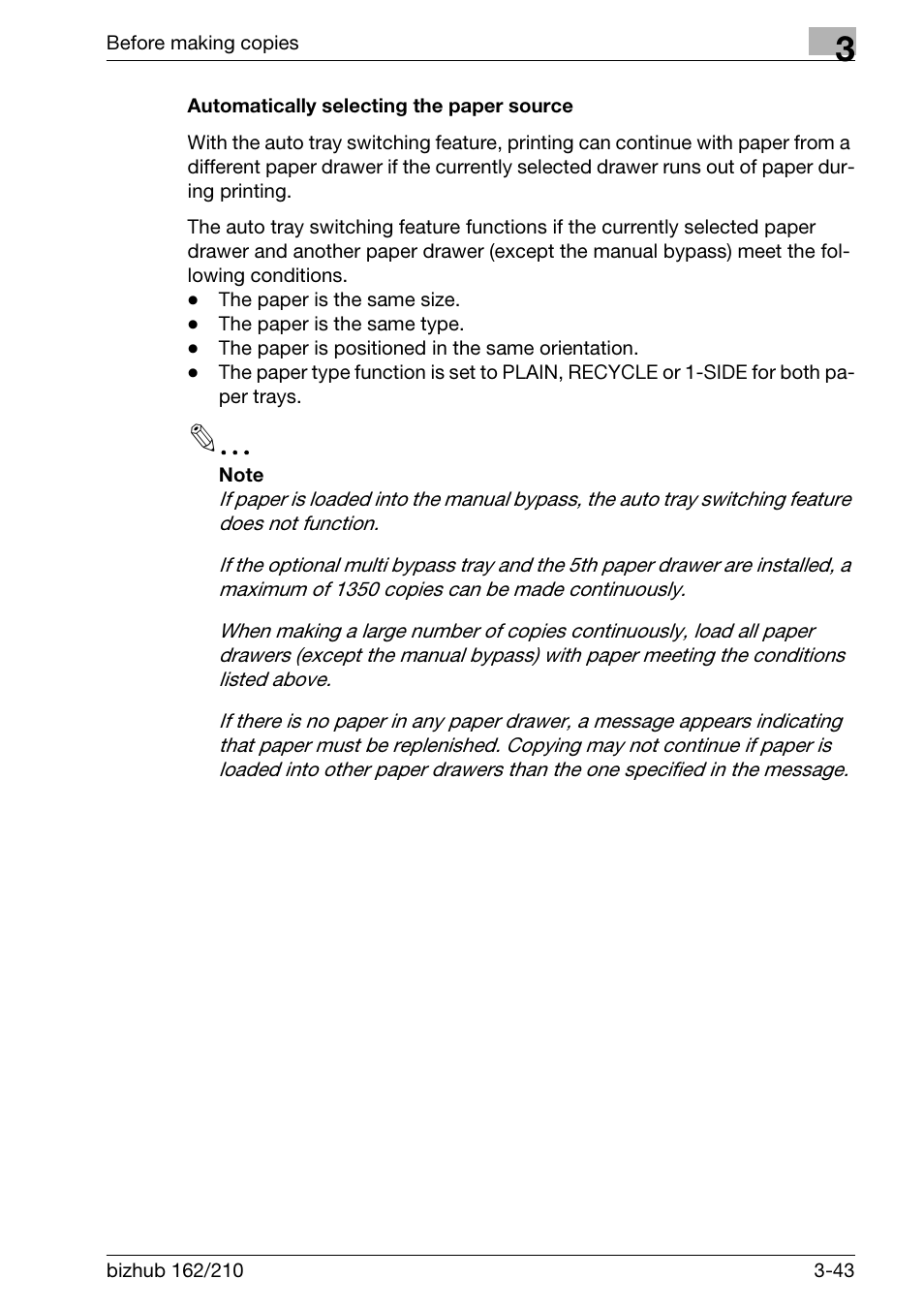 Automatically selecting the paper source, Automatically selecting the paper source -43 | Konica Minolta BIZHUB 210 User Manual | Page 89 / 256