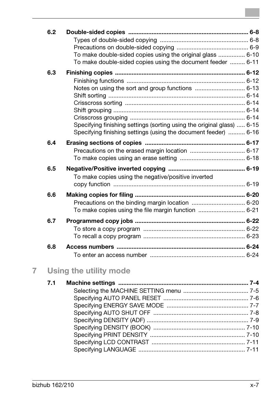 7using the utility mode | Konica Minolta BIZHUB 210 User Manual | Page 9 / 256