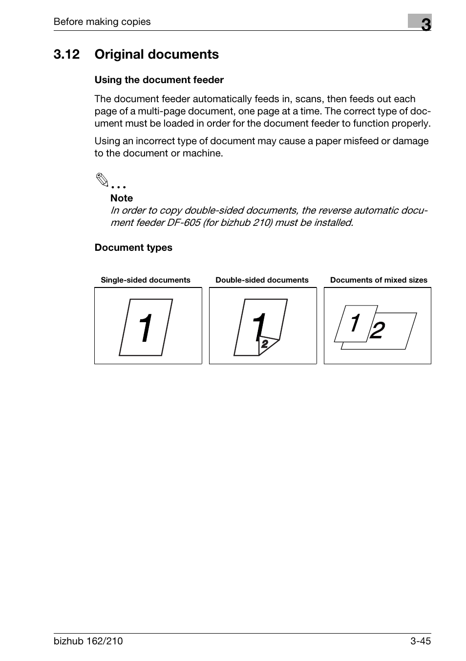 12 original documents, Using the document feeder, Document types | Original documents -45, Using the document feeder -45 document types -45 | Konica Minolta BIZHUB 210 User Manual | Page 91 / 256