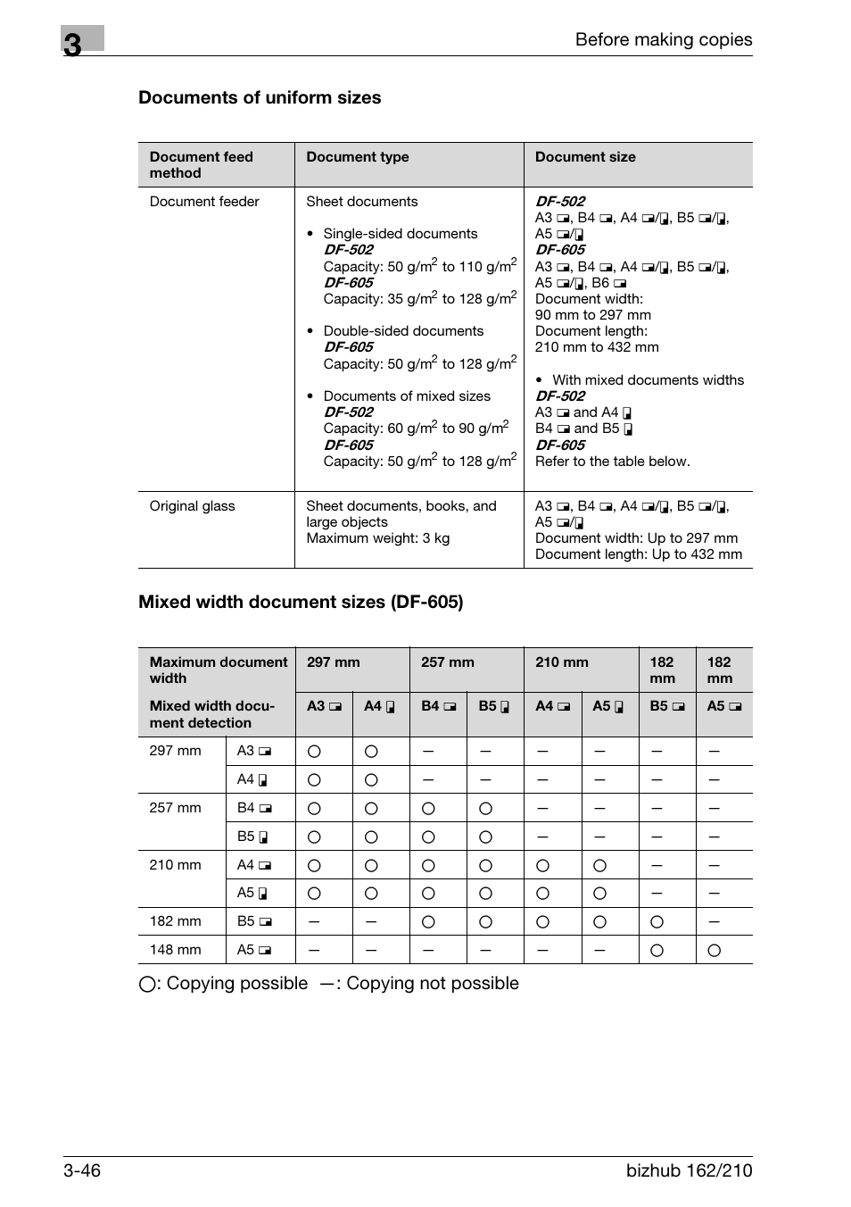 Documents of uniform sizes, Mixed width document sizes (df-605) | Konica Minolta BIZHUB 210 User Manual | Page 92 / 256