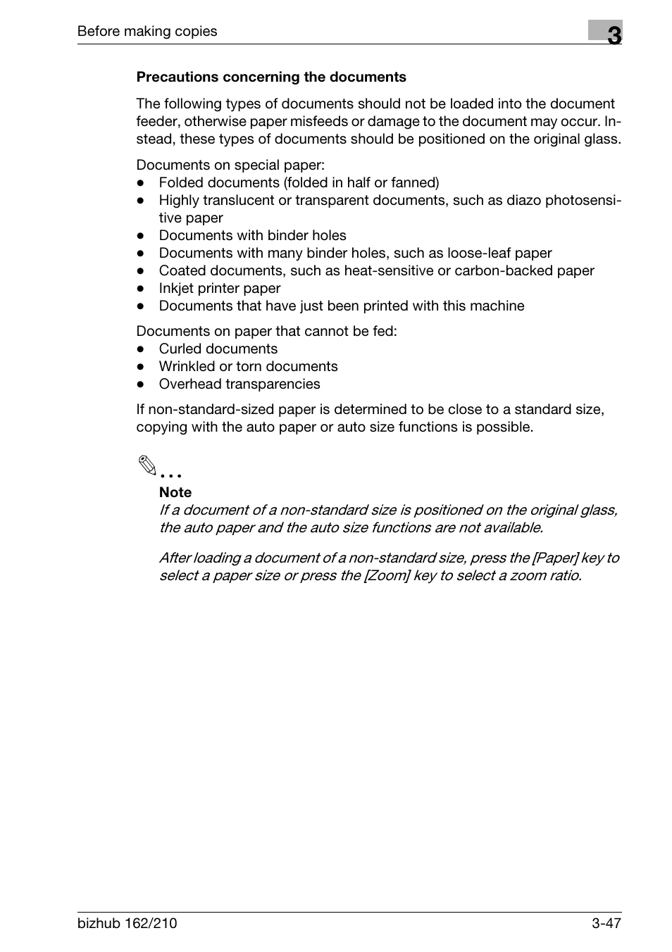 Precautions concerning the documents, Precautions concerning the documents -47 | Konica Minolta BIZHUB 210 User Manual | Page 93 / 256