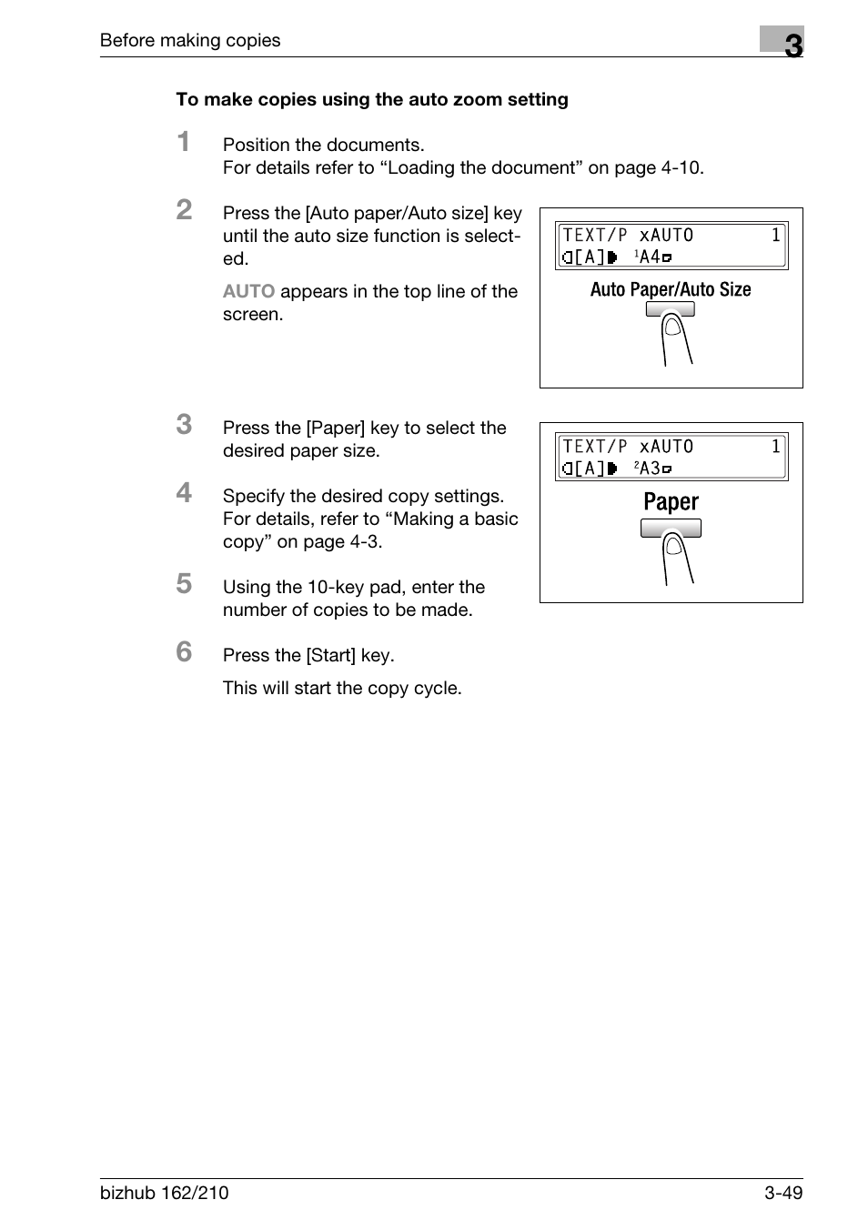 To make copies using the auto zoom setting, To make copies using the auto zoom setting -49 | Konica Minolta BIZHUB 210 User Manual | Page 95 / 256