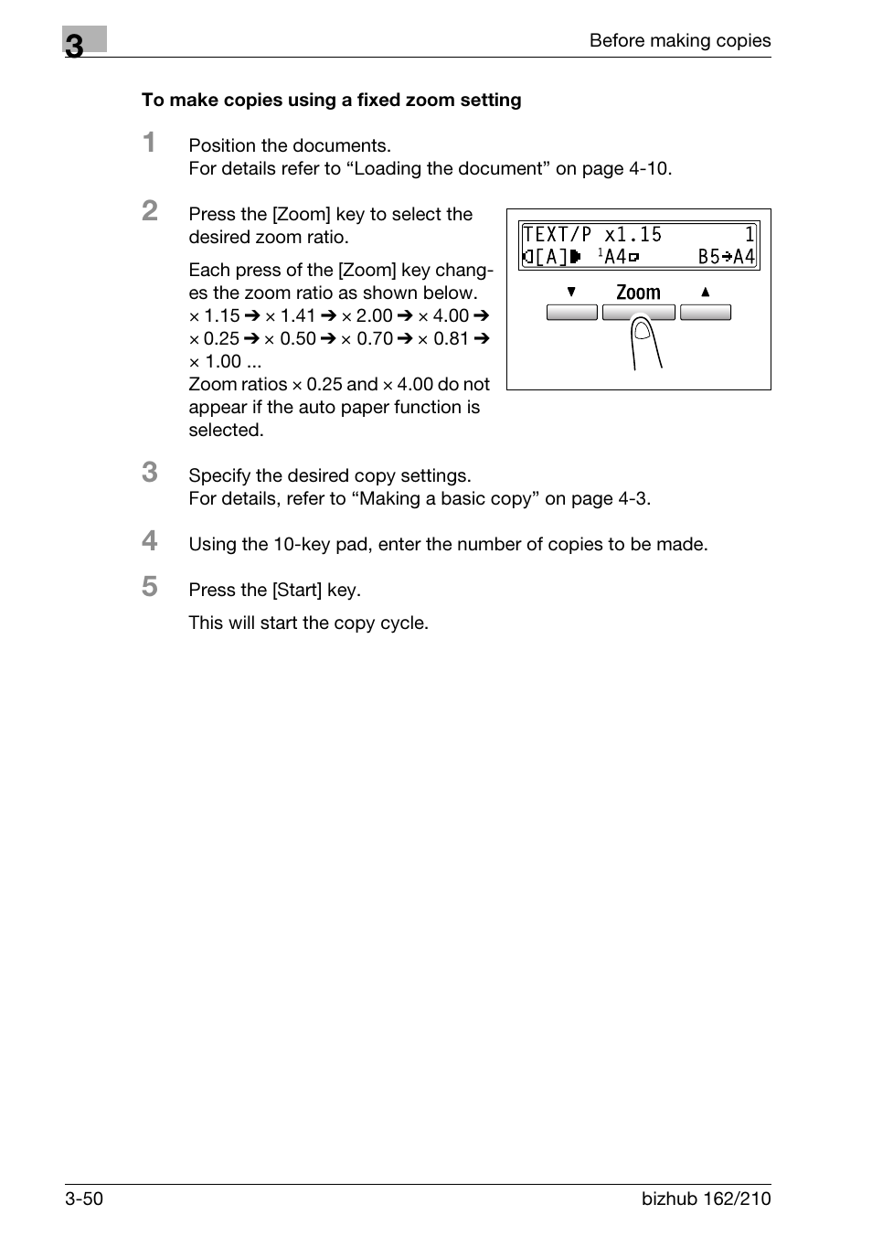To make copies using a fixed zoom setting, To make copies using a fixed zoom setting -50 | Konica Minolta BIZHUB 210 User Manual | Page 96 / 256