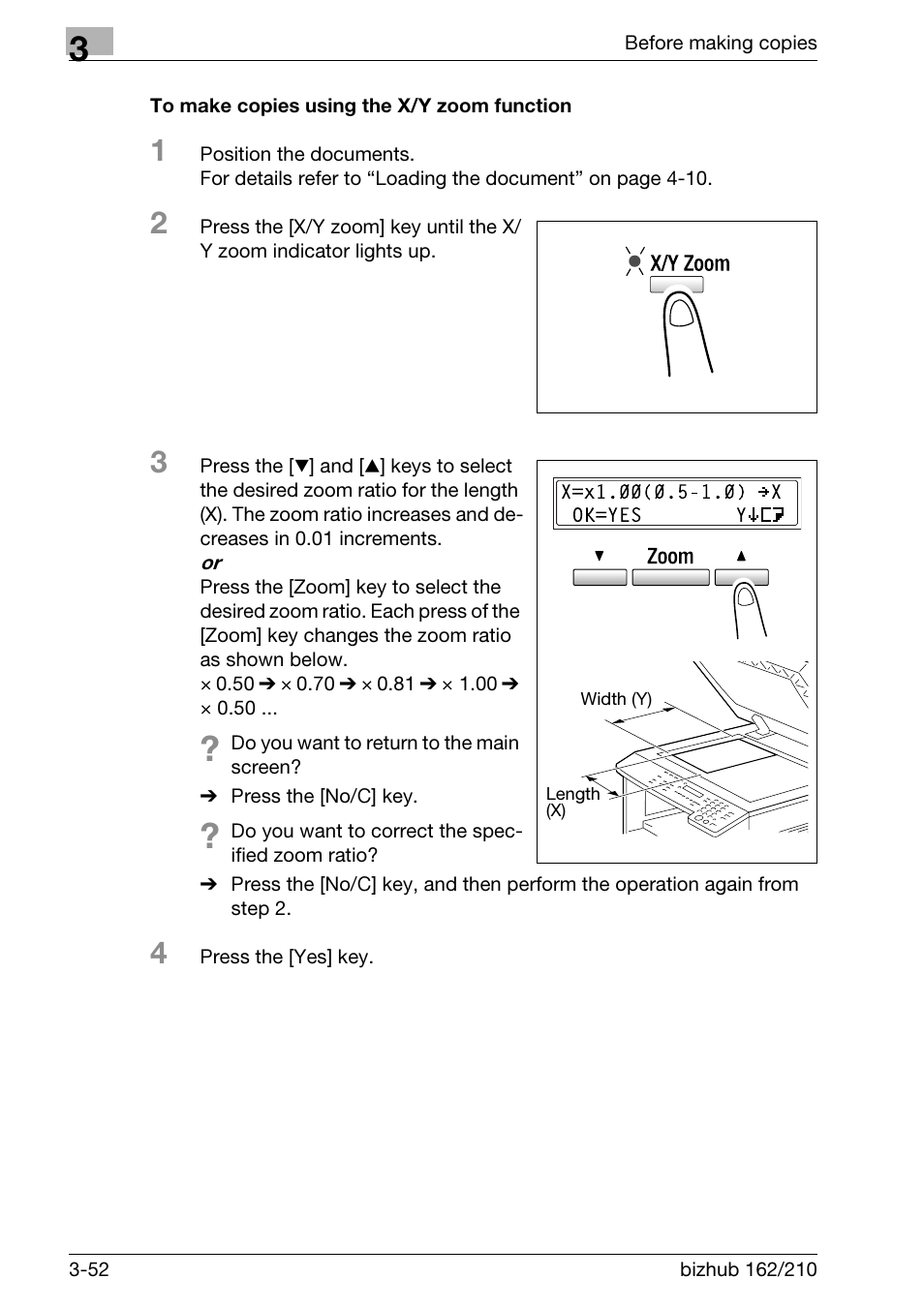 To make copies using the x/y zoom function, To make copies using the x/y zoom function -52 | Konica Minolta BIZHUB 210 User Manual | Page 98 / 256