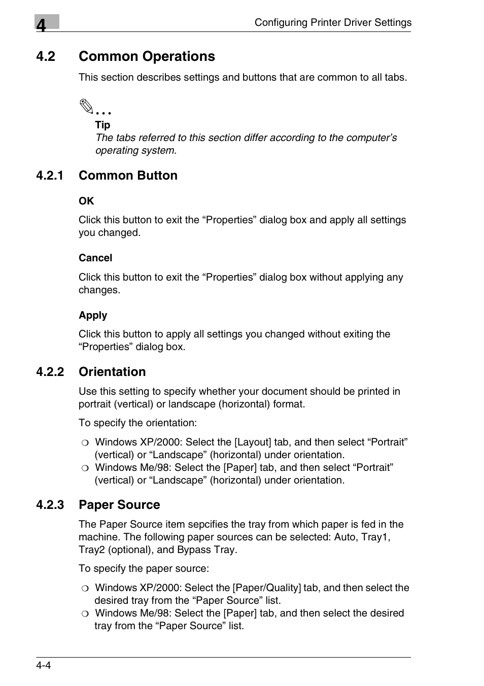 2 common operations, 1 common button, Cancel | Apply, 2 orientation, 3 paper source, Common operations -4, 1 common button -4, Ok -4 cancel -4 apply -4, 2 orientation -4 | Konica Minolta FAX2900/FAX3900 User Manual | Page 25 / 60
