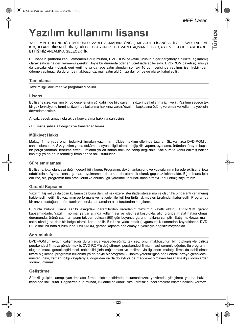 Yazılım kullanımı lisansı, Tü rk ç e | Konica Minolta PAGEPRO 1480MF User Manual | Page 124 / 198