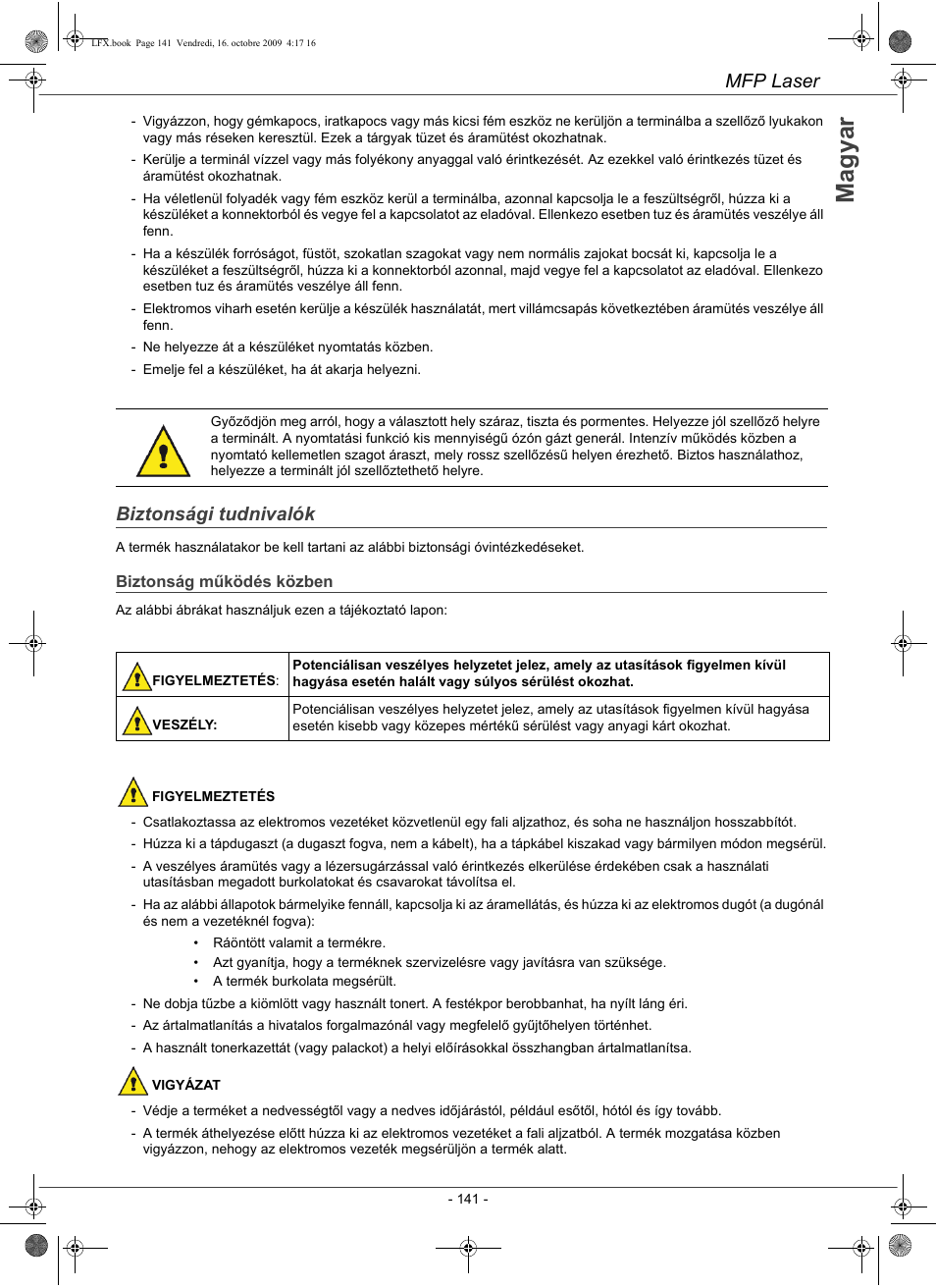 Mfp laser, Biztonsági tudnivalók | Konica Minolta PAGEPRO 1480MF User Manual | Page 142 / 198
