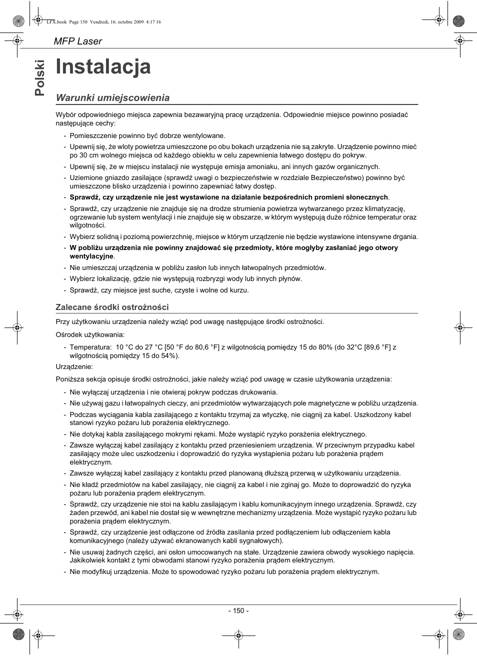 Instalacja, Po ls k i, Mfp laser | Warunki umiejscowienia | Konica Minolta PAGEPRO 1480MF User Manual | Page 151 / 198
