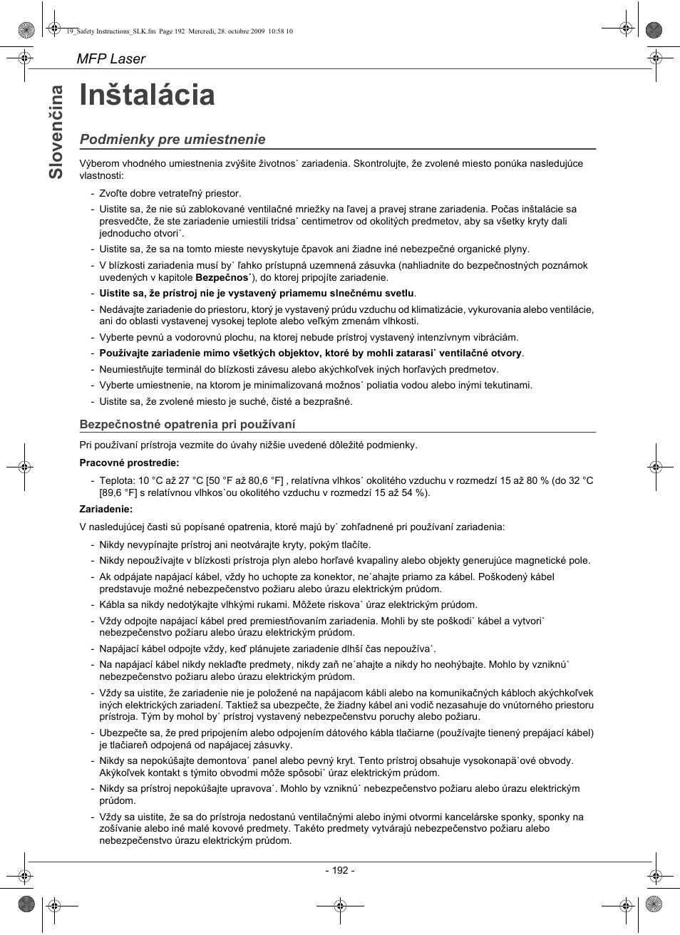 Inštalácia, Mfp laser, Podmienky pre umiestnenie | Konica Minolta PAGEPRO 1480MF User Manual | Page 193 / 198