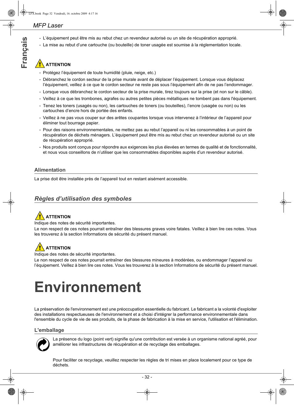 Environnement | Konica Minolta PAGEPRO 1480MF User Manual | Page 33 / 198
