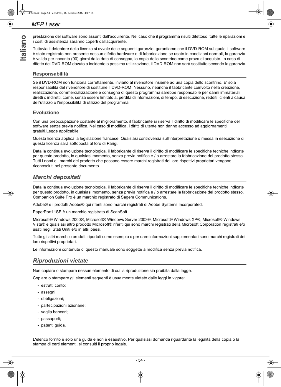Ita li a n o, Mfp laser, Marchi depositati | Riproduzioni vietate | Konica Minolta PAGEPRO 1480MF User Manual | Page 55 / 198
