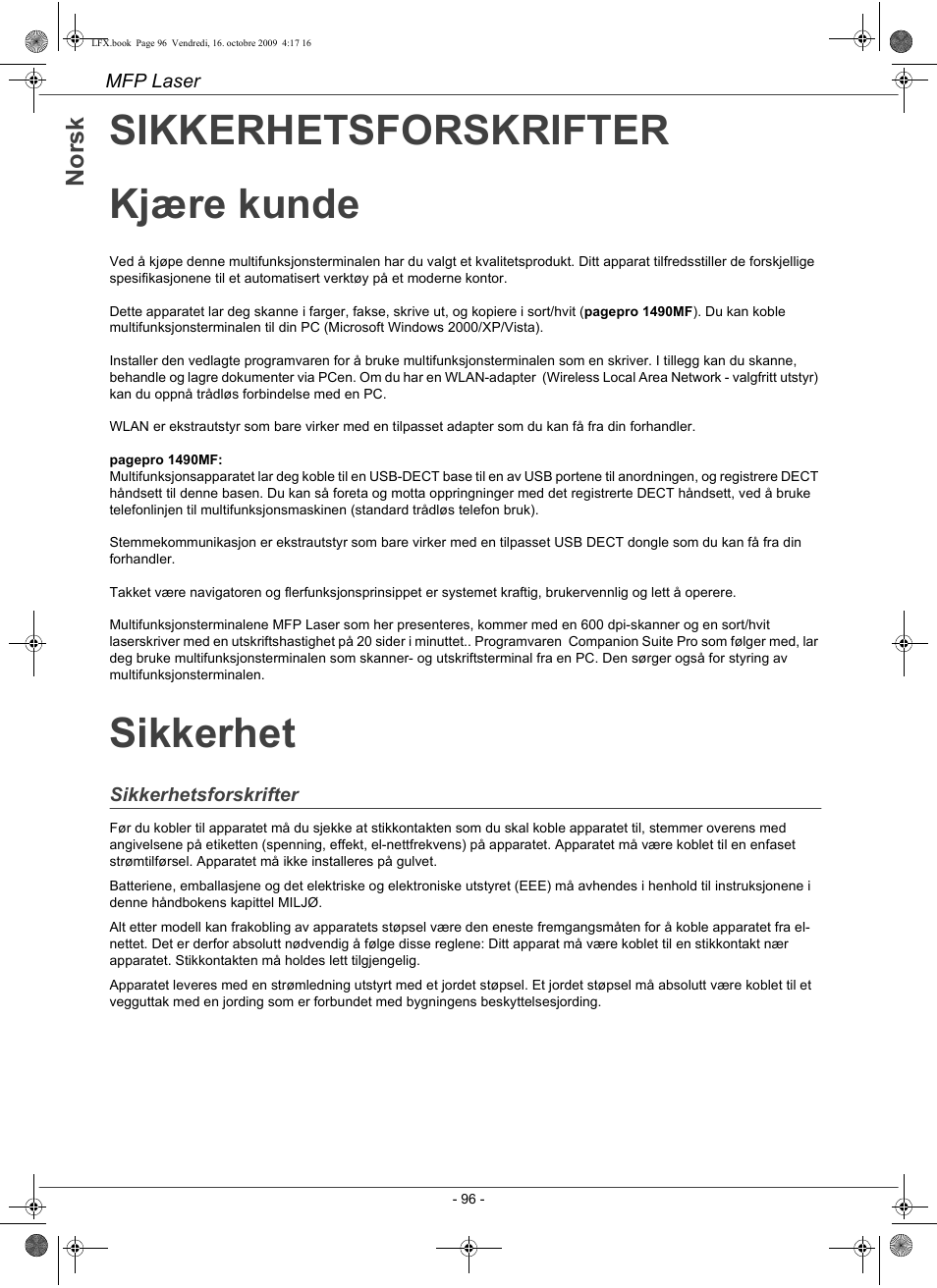 Sikkerhetsforskrifter kjære kunde, Sikkerhet, No rs k | Konica Minolta PAGEPRO 1480MF User Manual | Page 97 / 198