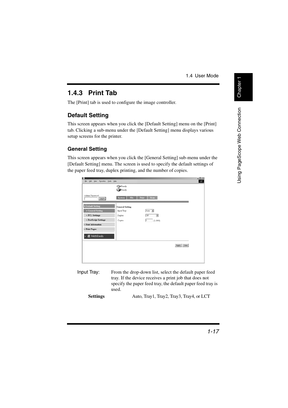 3 print tab, Default setting, Print tab -17 | Konica Minolta IC-401 User Manual | Page 24 / 106