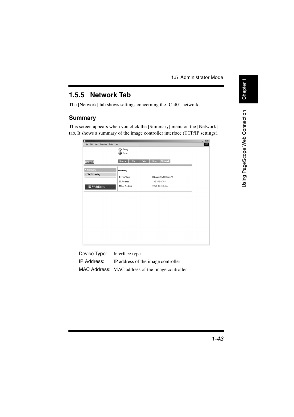 5 network tab, Summary, Network tab -43 | Konica Minolta IC-401 User Manual | Page 50 / 106