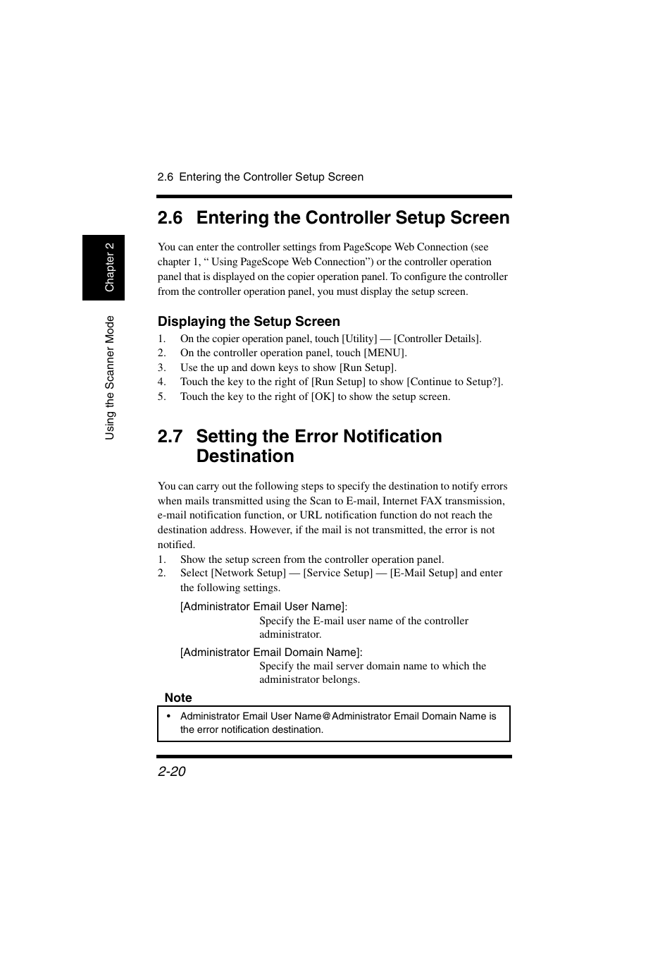 6 entering the controller setup screen, Displaying the setup screen, 7 setting the error notification destination | 6 entering the controller setup screen -20, 7 setting the error notification, Destination -20 | Konica Minolta IC-401 User Manual | Page 73 / 106