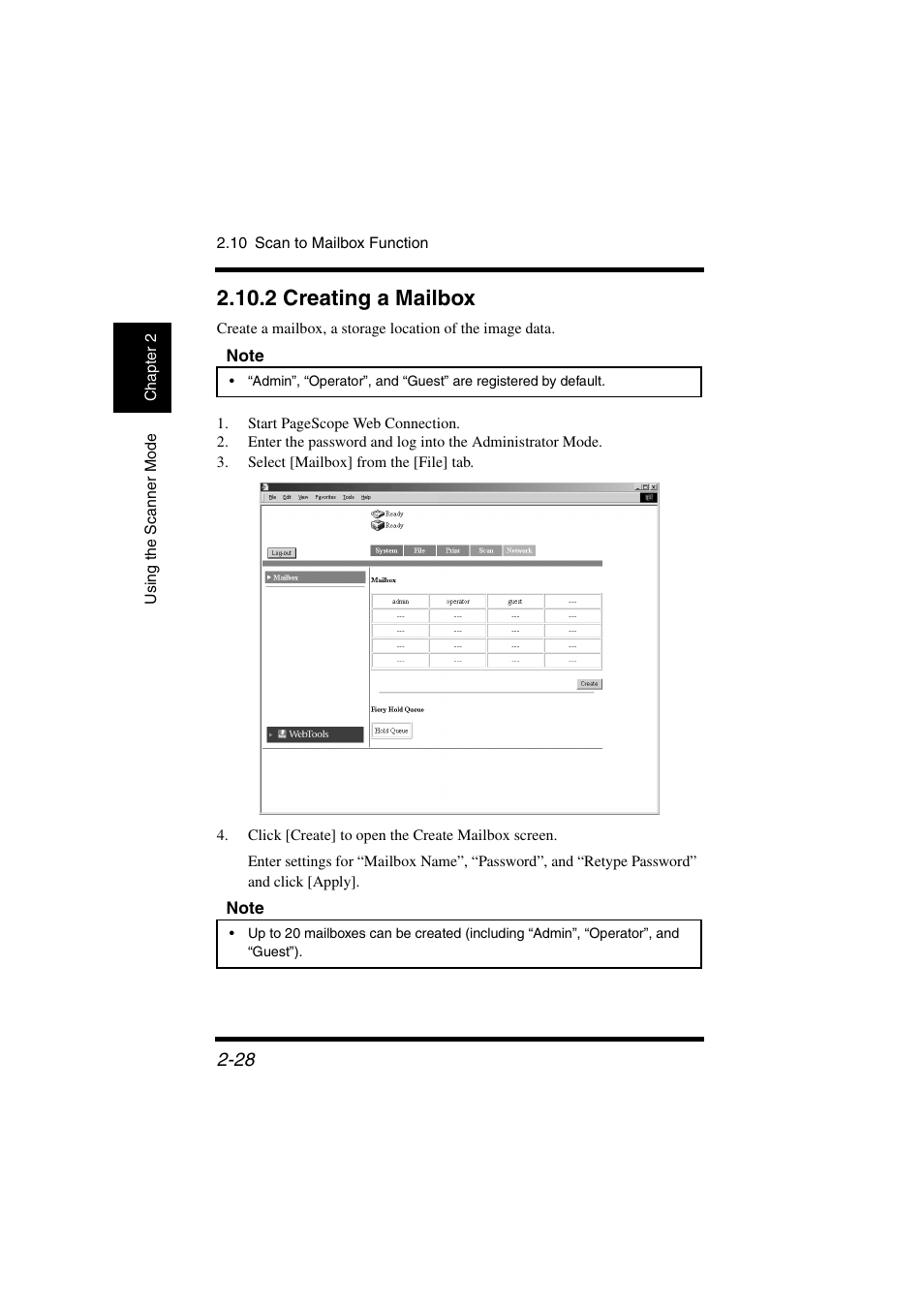 2 creating a mailbox, 2 creating a mailbox -28, P. 2-28 | Konica Minolta IC-401 User Manual | Page 81 / 106