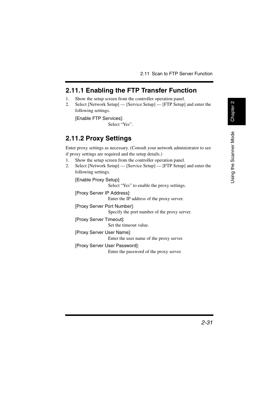 1 enabling the ftp transfer function, 2 proxy settings, 1 enabling the ftp transfer function -31 | 2 proxy settings -31, E p. 2-31, P. 2-31 | Konica Minolta IC-401 User Manual | Page 84 / 106