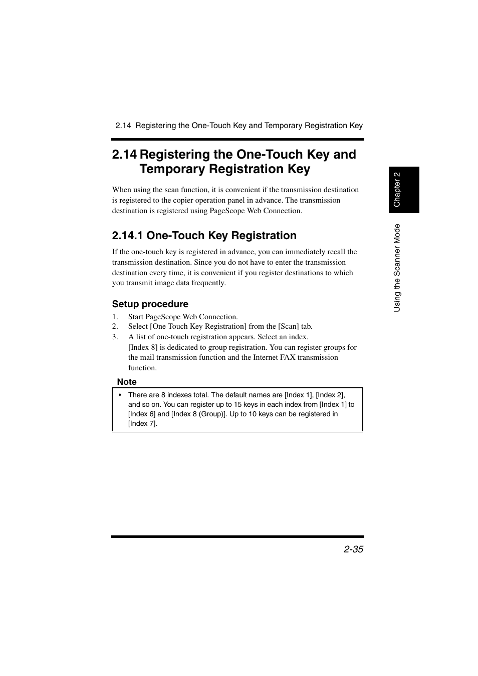 1 one-touch key registration, Setup procedure, 14 registering the one-touch key and | Temporary registration key -35, 1 one-touch key registration -35, P. 2-35 | Konica Minolta IC-401 User Manual | Page 88 / 106