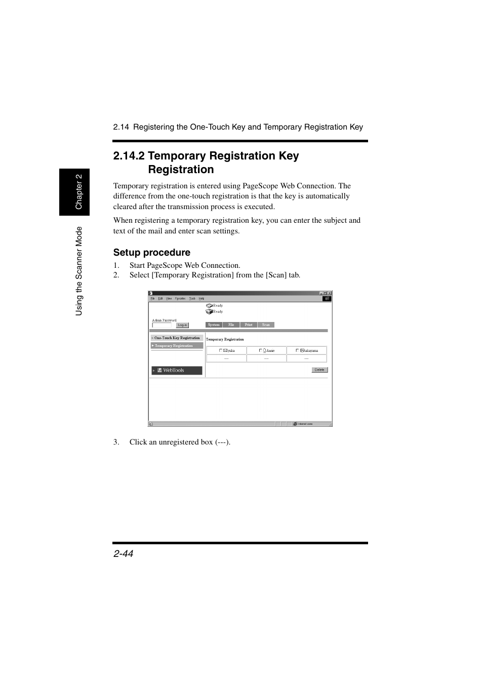 2 temporary registration key registration, Setup procedure, 2 temporary registration key registration -44 | Konica Minolta IC-401 User Manual | Page 97 / 106