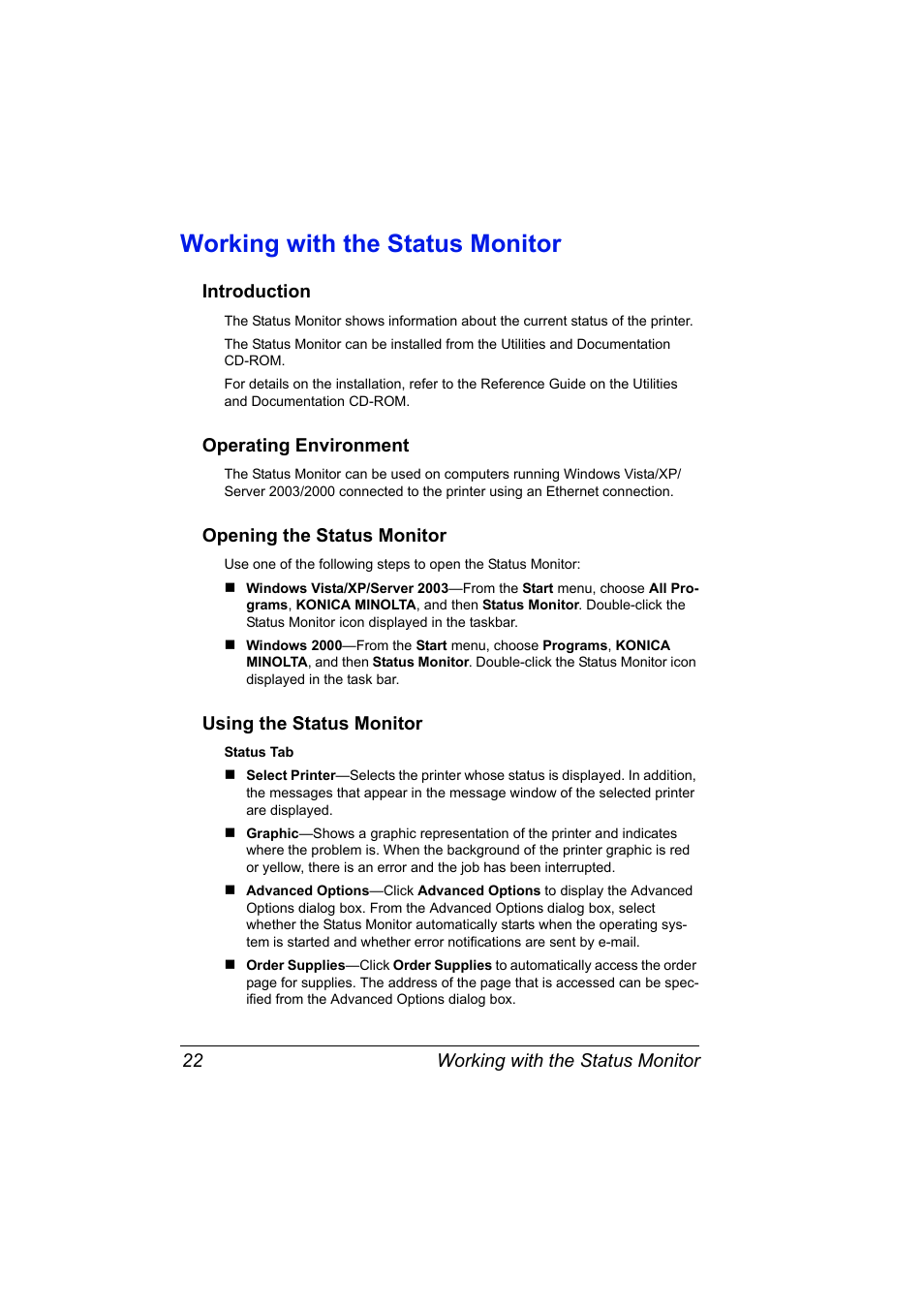 Working with the status monitor, Introduction, Operating environment | Opening the status monitor, Using the status monitor, Working with the status monitor 22 | Konica Minolta PagePro 4650EN User Manual | Page 36 / 260