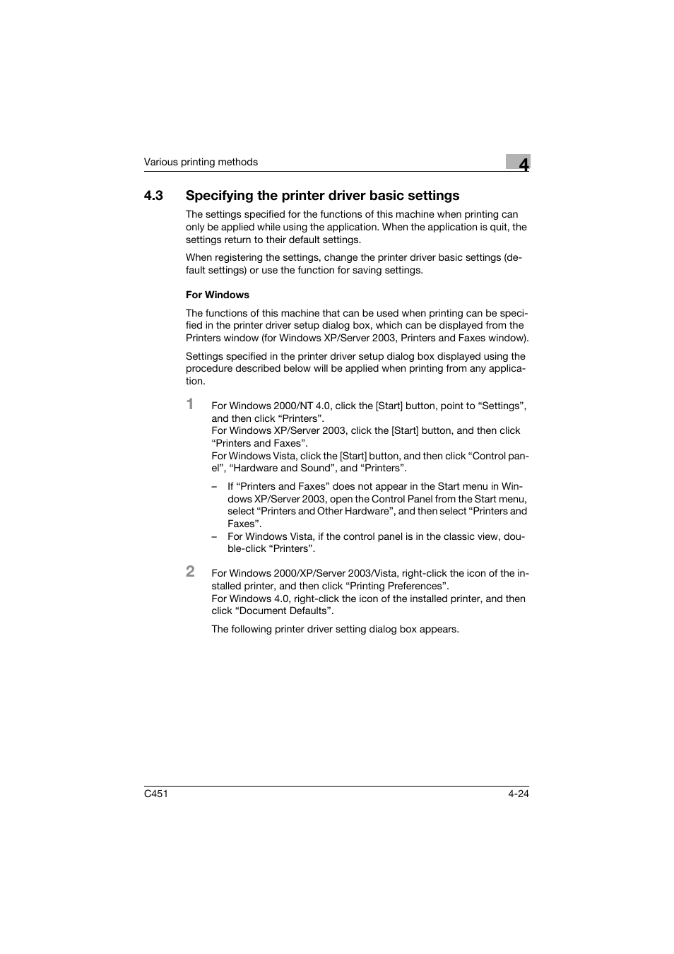 3 specifying the printer driver basic settings, For windows, Specifying the printer driver basic settings -24 | For windows -24 | Konica Minolta BIZHUP C451 User Manual | Page 139 / 410