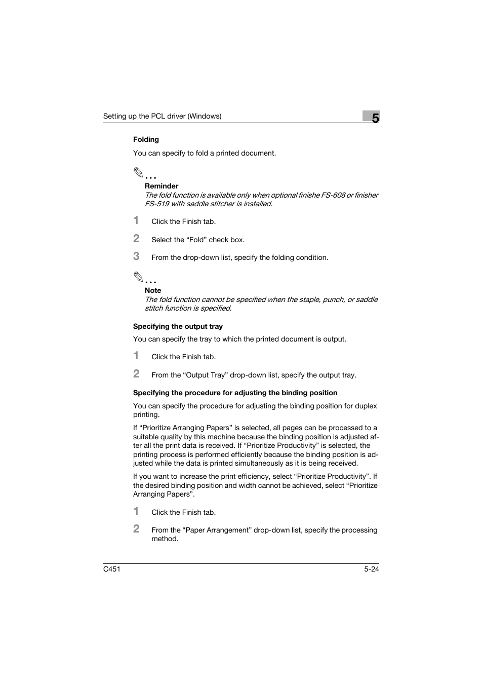 Folding, Specifying the output tray | Konica Minolta BIZHUP C451 User Manual | Page 167 / 410