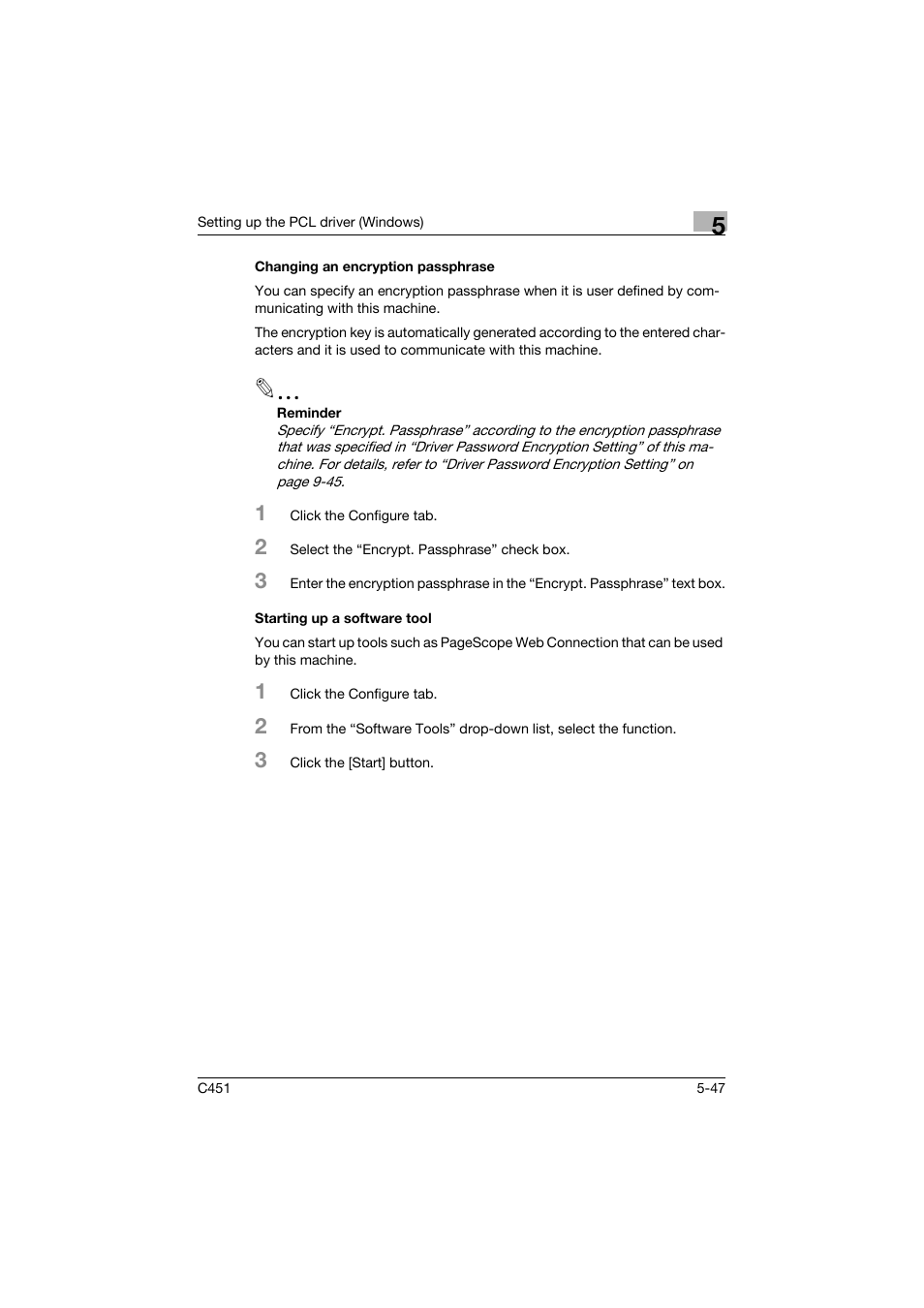 Changing an encryption passphrase, Starting up a software tool | Konica Minolta BIZHUP C451 User Manual | Page 190 / 410