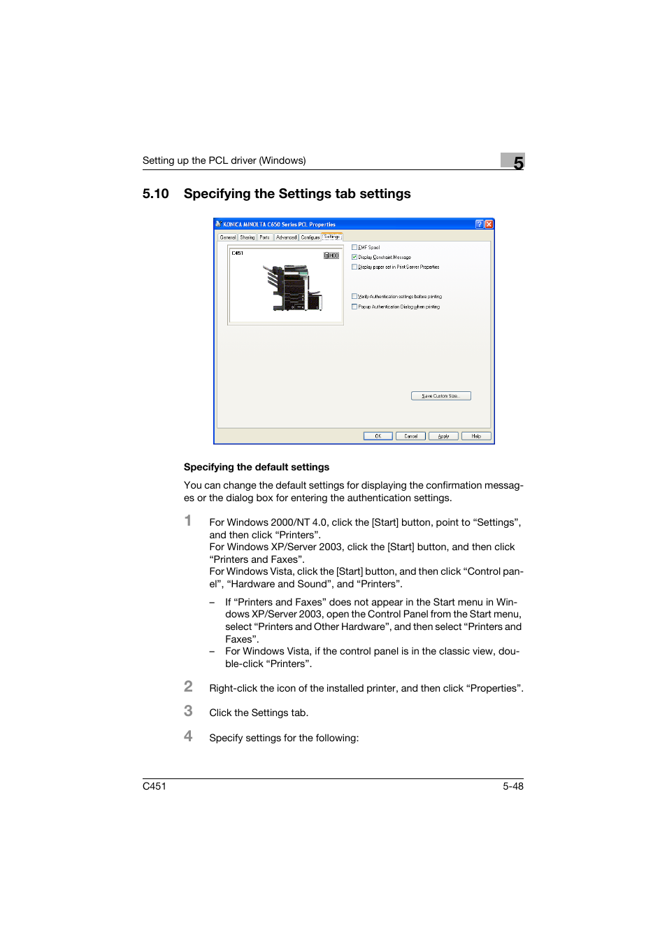 10 specifying the settings tab settings, Specifying the default settings, Specifying the settings tab settings -48 | Specifying the default settings -48 | Konica Minolta BIZHUP C451 User Manual | Page 191 / 410