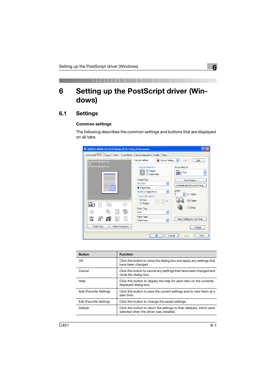 6 setting up the postscript driver (windows), 1 settings, Common settings | Setting up the postscript driver (windows), Settings -1, Common settings -1, 6setting up the postscript driver (win- dows) | Konica Minolta BIZHUP C451 User Manual | Page 198 / 410