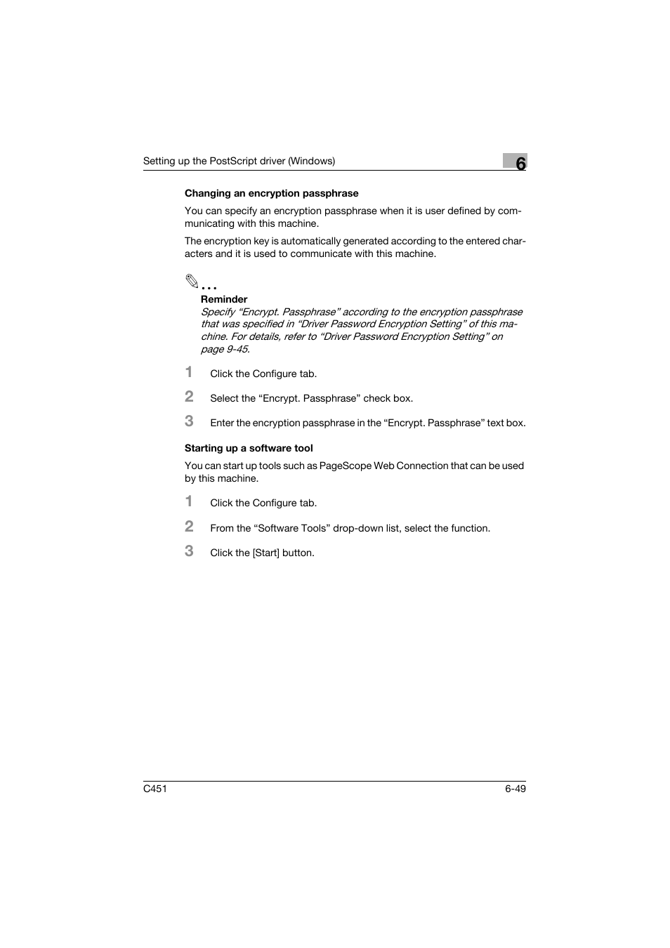 Changing an encryption passphrase, Starting up a software tool | Konica Minolta BIZHUP C451 User Manual | Page 246 / 410