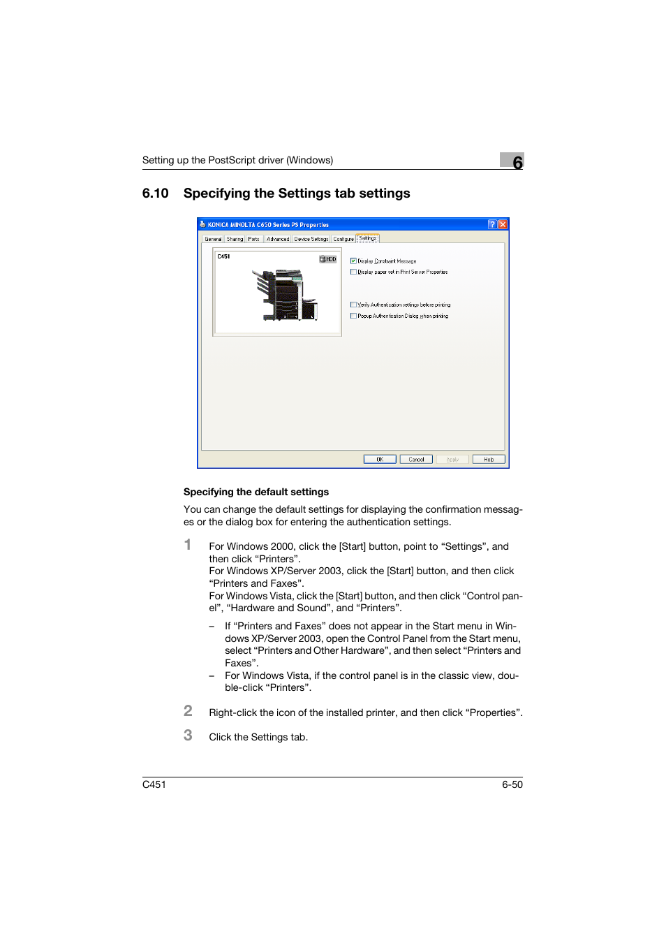 10 specifying the settings tab settings, Specifying the default settings, Specifying the settings tab settings -50 | Specifying the default settings -50 | Konica Minolta BIZHUP C451 User Manual | Page 247 / 410