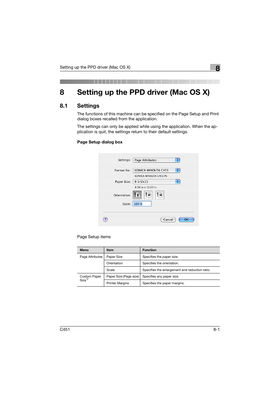 8 setting up the ppd driver (mac os x), 1 settings, Setting up the ppd driver (mac os x) | Settings -1, 8setting up the ppd driver (mac os x) | Konica Minolta BIZHUP C451 User Manual | Page 268 / 410