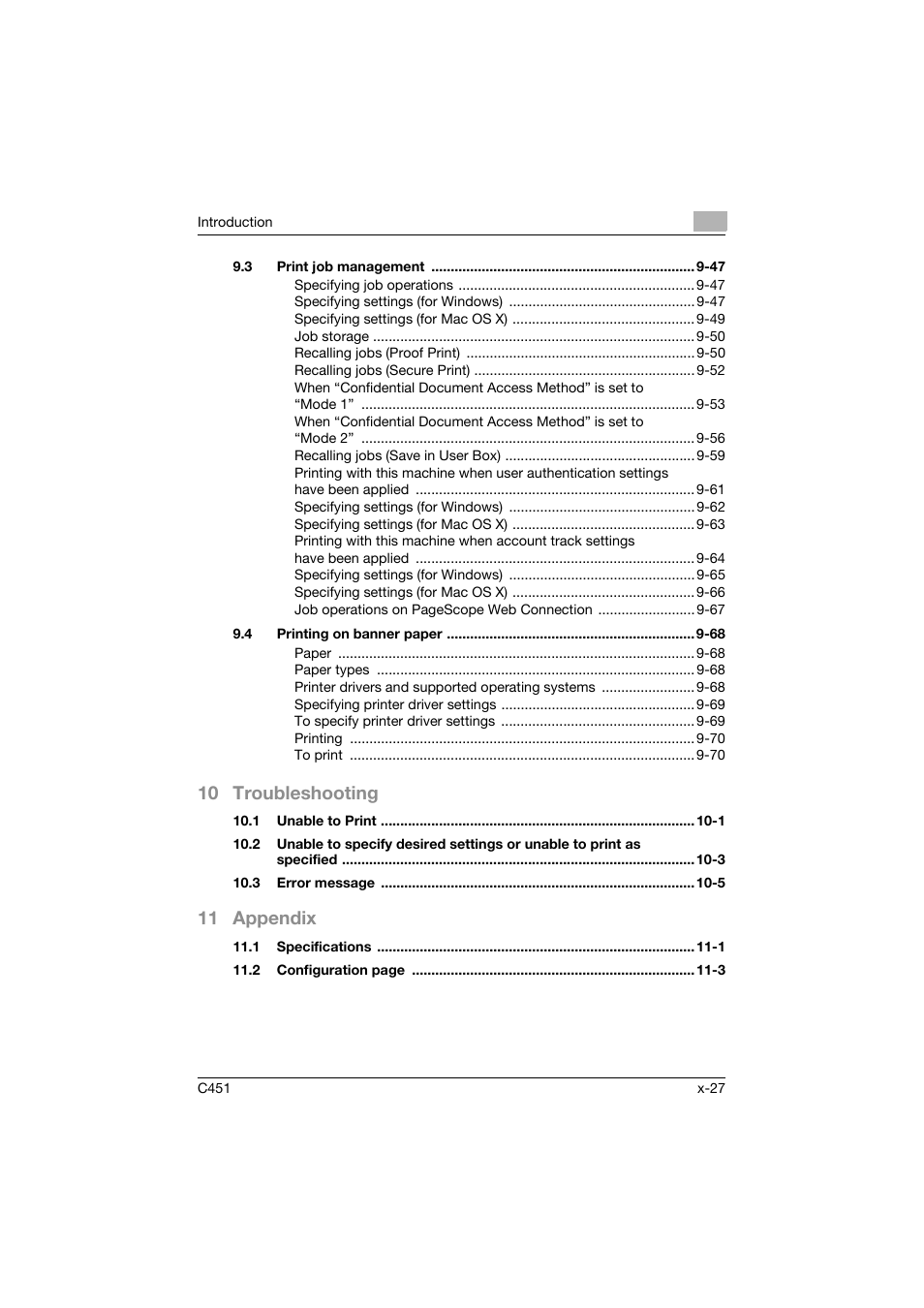 10 troubleshooting, 11 appendix | Konica Minolta BIZHUP C451 User Manual | Page 28 / 410