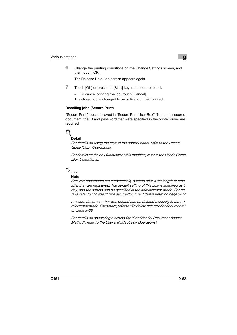 Recalling jobs (secure print), Recalling jobs (secure print) -52 | Konica Minolta BIZHUP C451 User Manual | Page 363 / 410