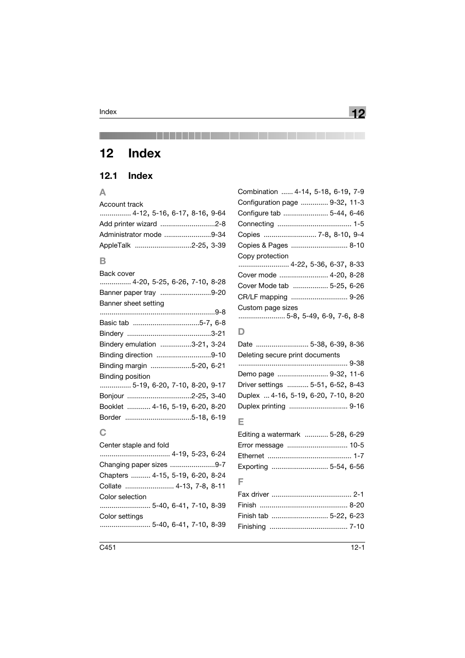 12 index, 1 index, A to f | Index -1 | Konica Minolta BIZHUP C451 User Manual | Page 406 / 410