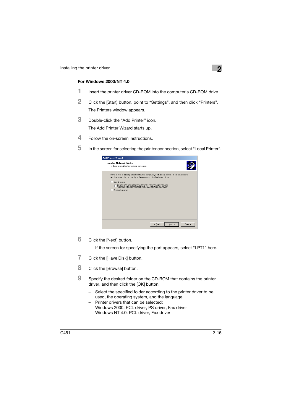 For windows 2000/nt 4.0, For windows 2000/nt 4.0 -16 | Konica Minolta BIZHUP C451 User Manual | Page 59 / 410