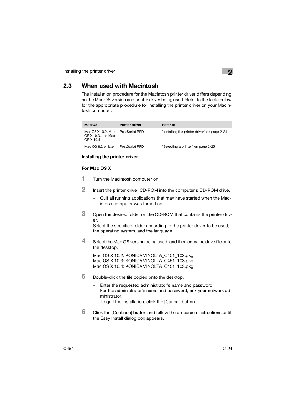 3 when used with macintosh, Installing the printer driver, For mac os x | When used with macintosh -24, Installing the printer driver -24 for mac os x -24 | Konica Minolta BIZHUP C451 User Manual | Page 67 / 410