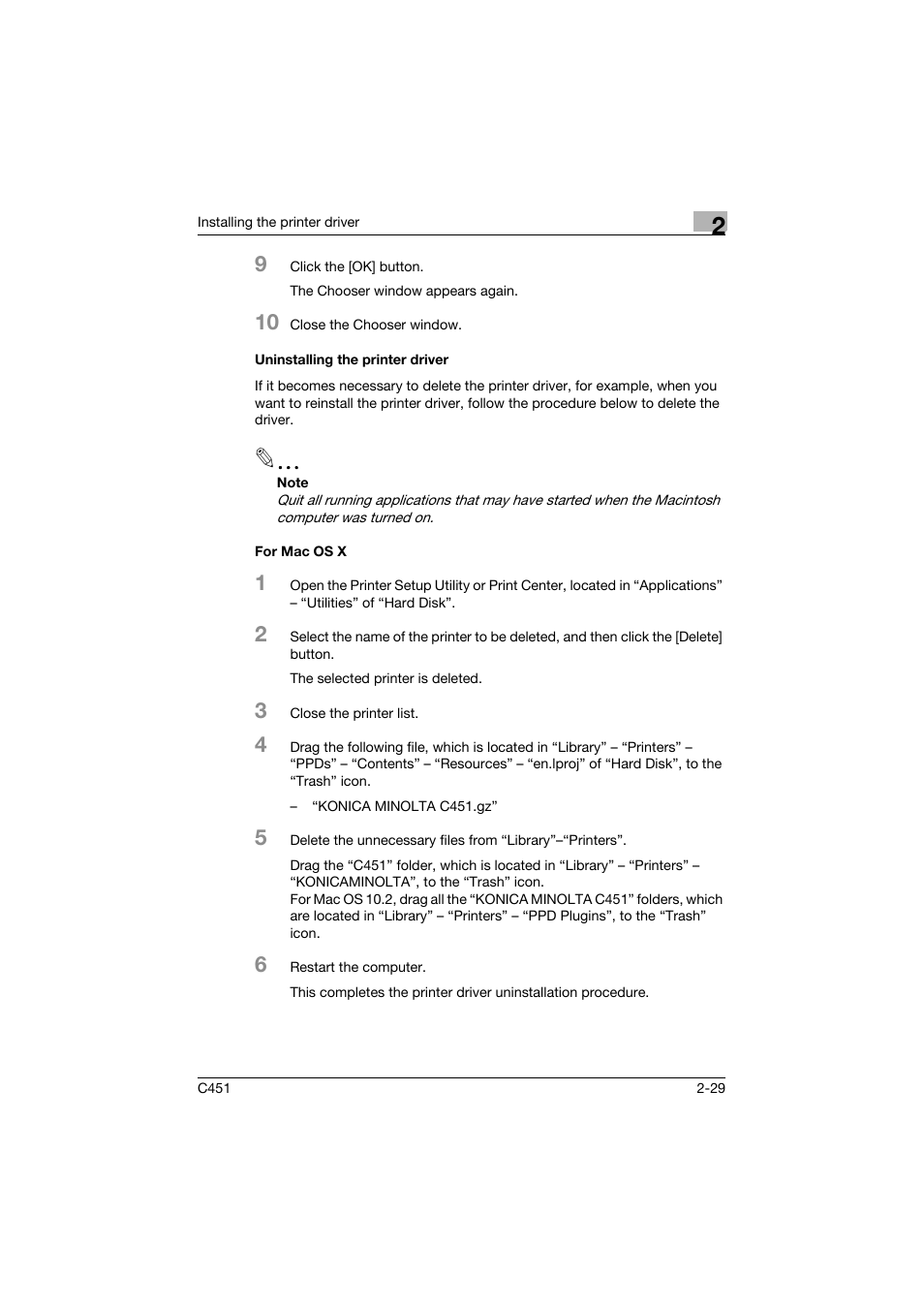 Uninstalling the printer driver, For mac os x | Konica Minolta BIZHUP C451 User Manual | Page 72 / 410