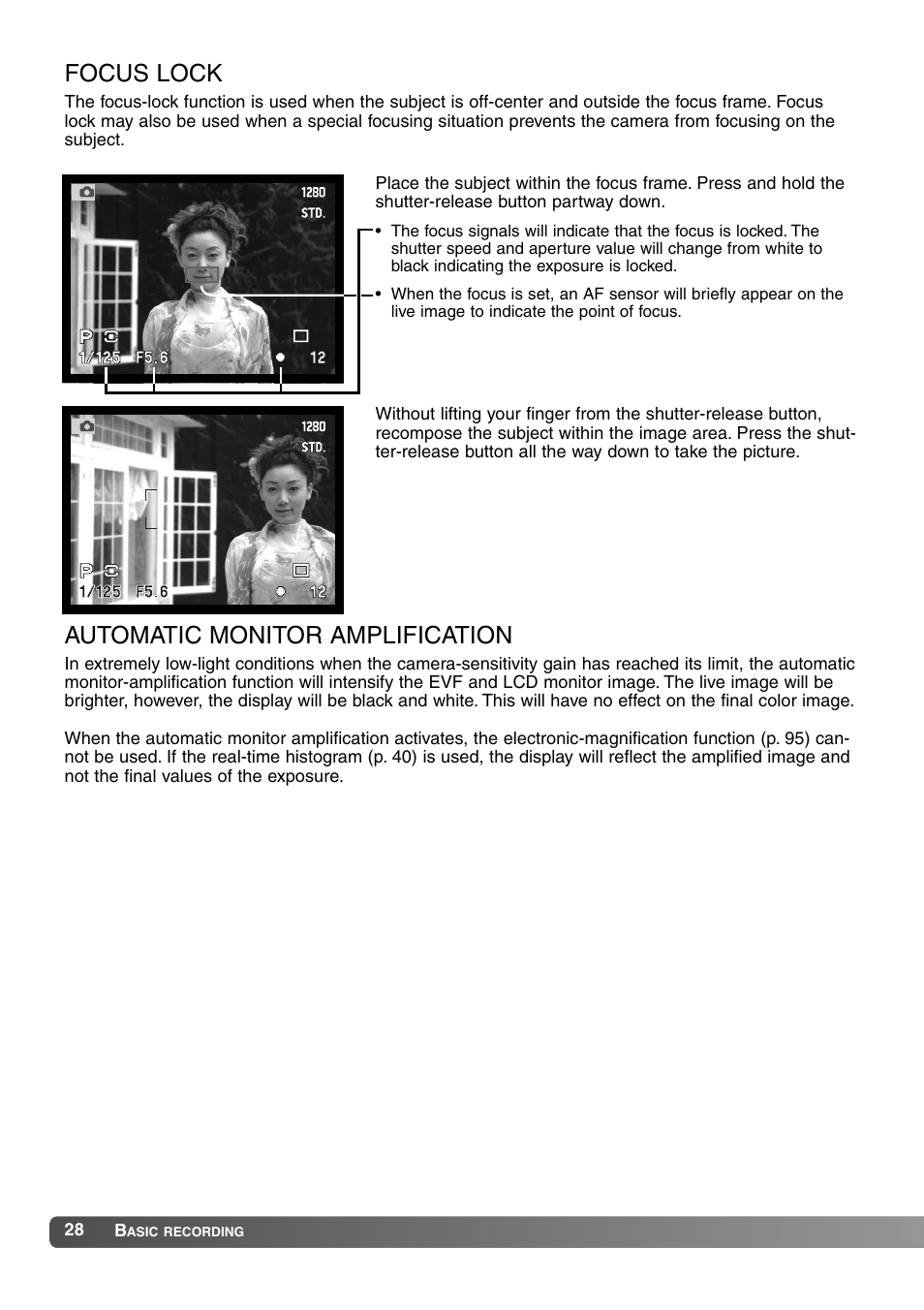 Focus lock automatic monitor amplification, Focus lock, Automatic monitor amplification | Konica Minolta MM-A208 User Manual | Page 28 / 156