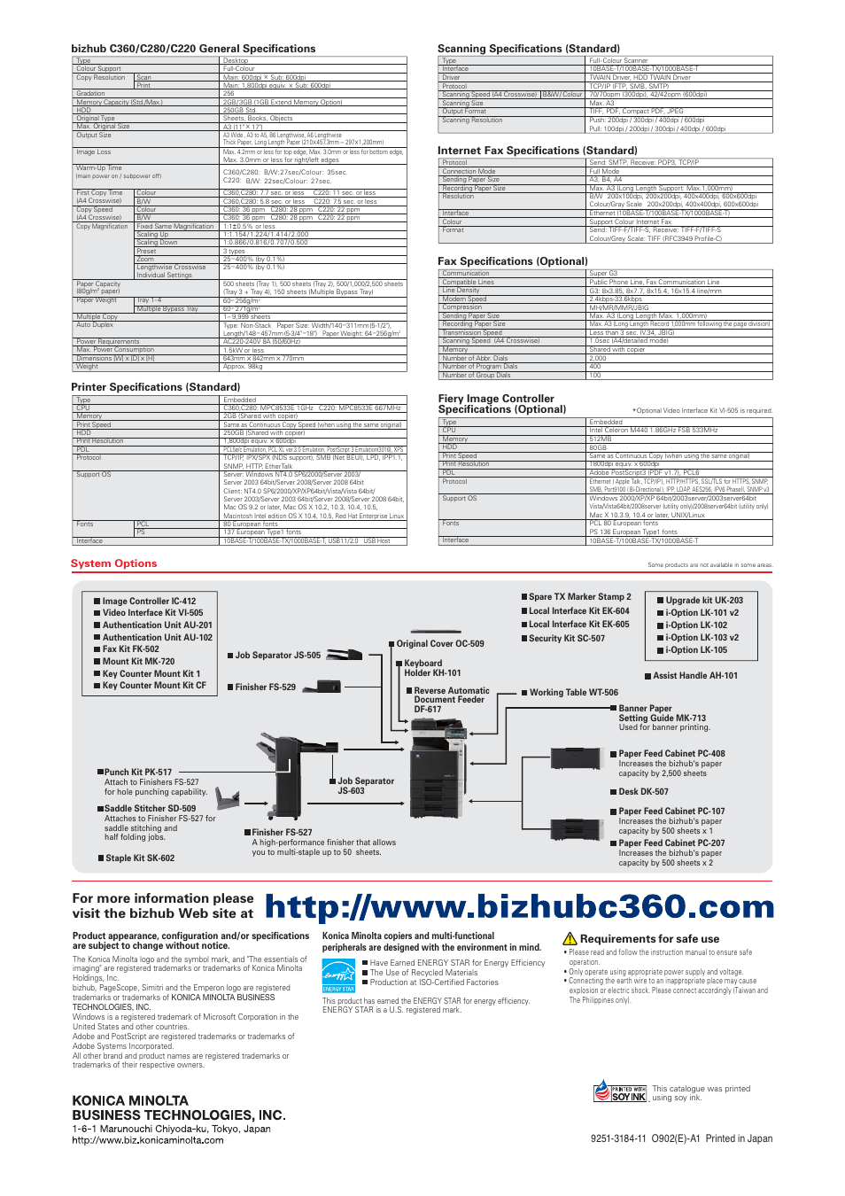 System options, Requirements for safe use, Printer specifications (standard) | Internet fax specifications (standard), Fax specifications (optional), Fiery image controller specifications (optional) | Konica Minolta BIZHUB C220 User Manual | Page 12 / 12